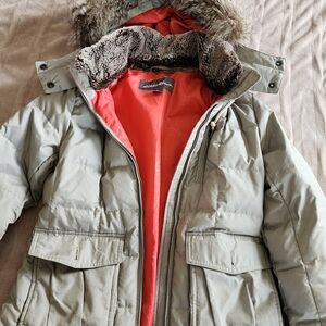 Eddie Bauer Women's Silver Parka with Faux-Fur Trim and Detachable Hood